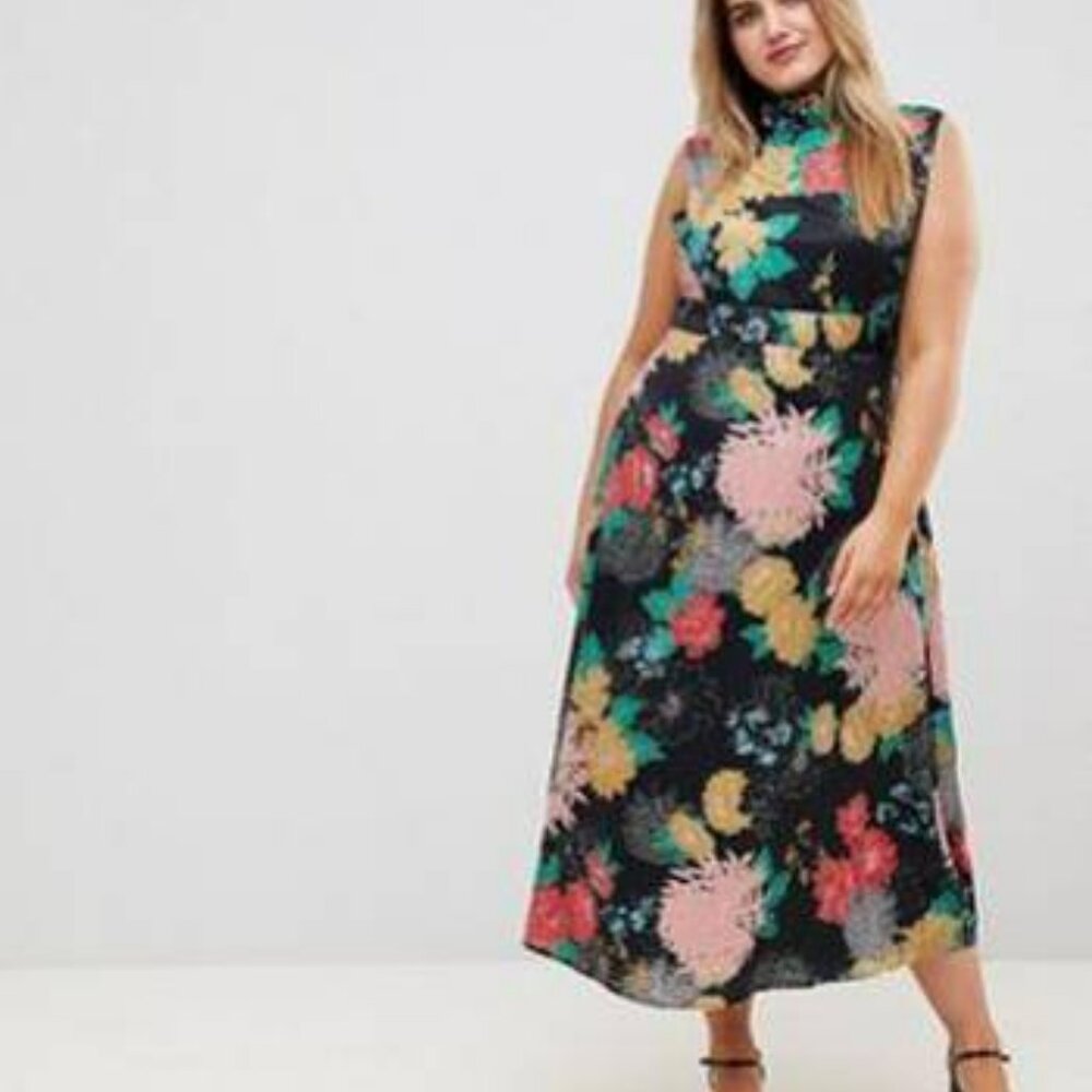 ASOS Uttam Boutique High Neck Floral Belted Maxi Dress Size Large